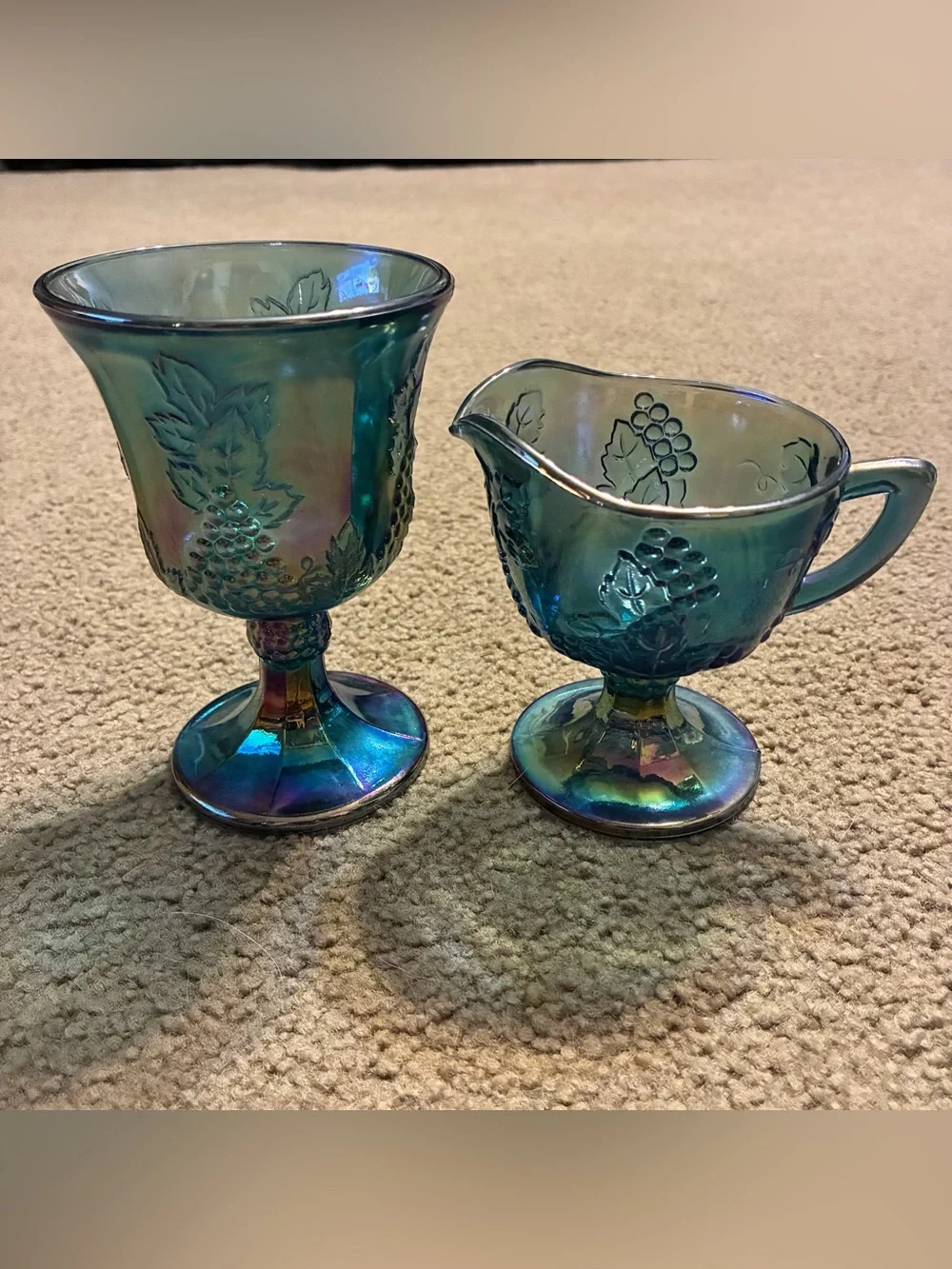 Indiana Glass Iridescent Blue Carnival Harvest Grape Cream & Sugar